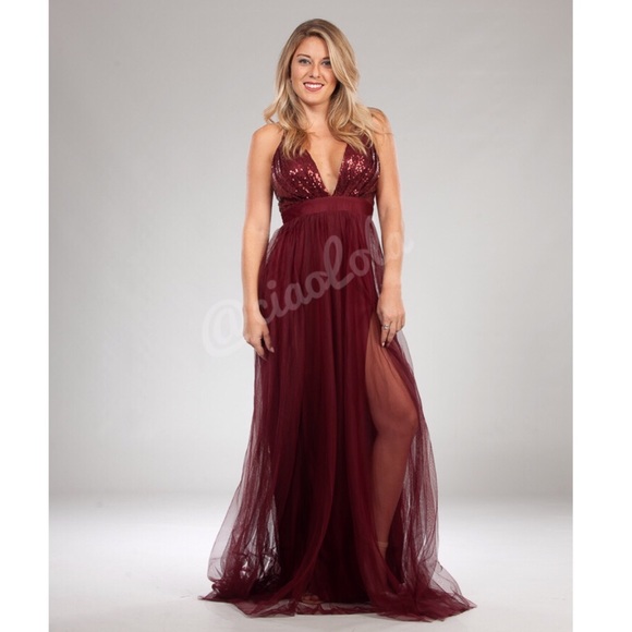 Holiday party dress. Wine tulle maxi dress - Picture 2 of 4